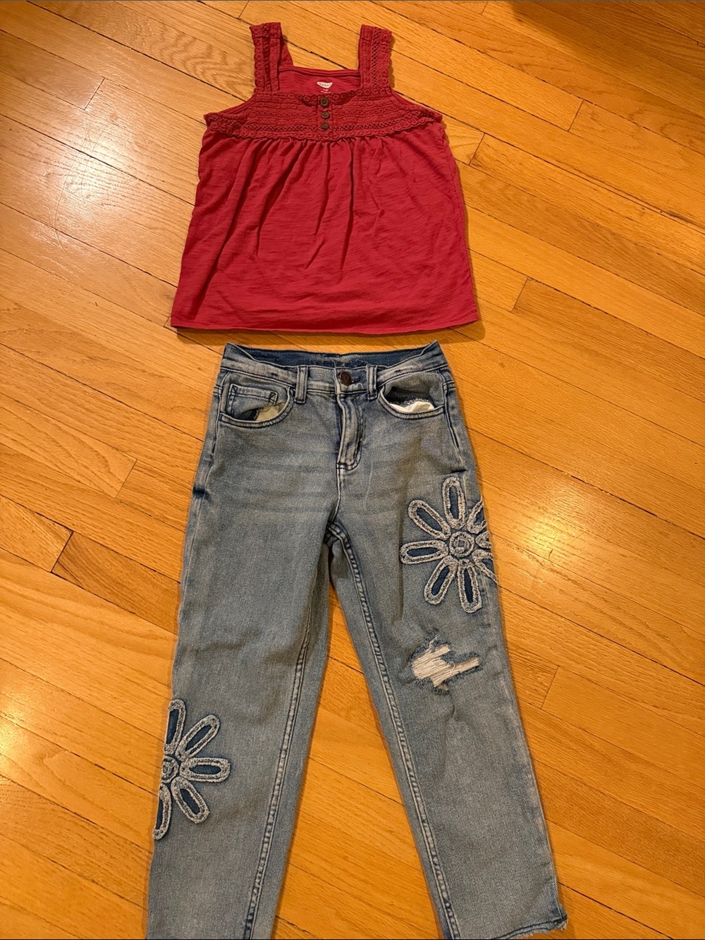 Girls Red Tank Top & Embroidered Denim Jeans Set